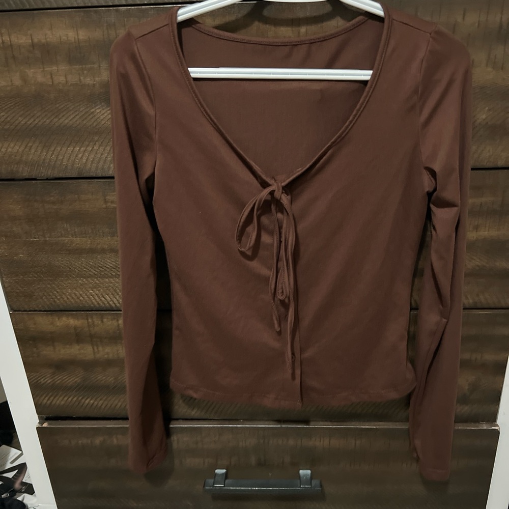 SHEIN Chocolate Brown Tie-Front Blouse